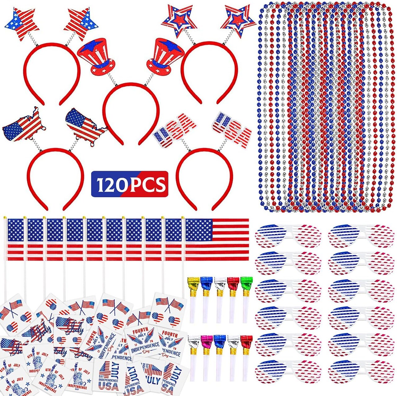 120 Pcs Patriotic Party Favors, 4th of July Accessories Headbands, Shutter Shades Glasses, Beaded Necklaces(Multicolor)